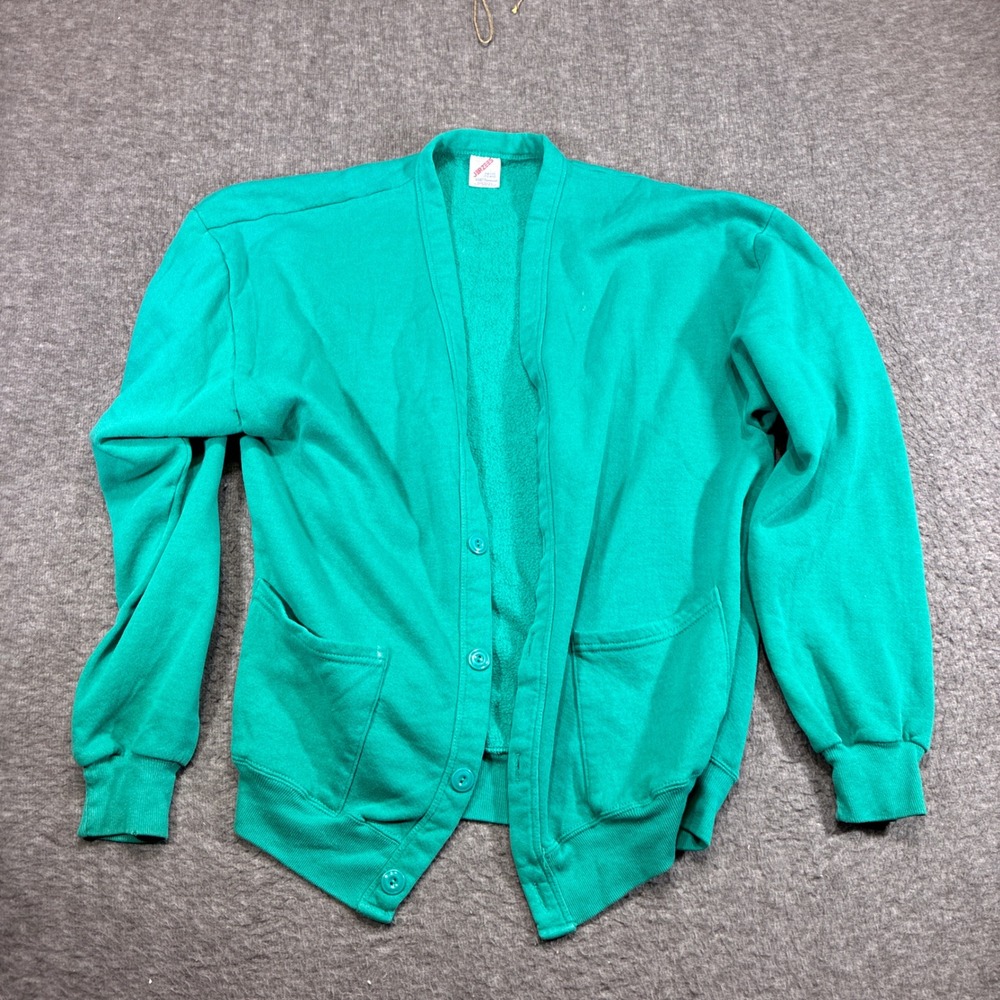 Jerzees Cardigan Sweatshirt Mens OSFM Green Vintage USA Made V-Neck Pocket